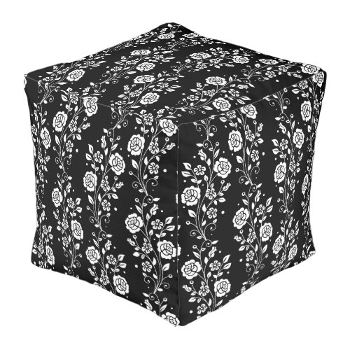 Elegant Black And White Floral  Pouf