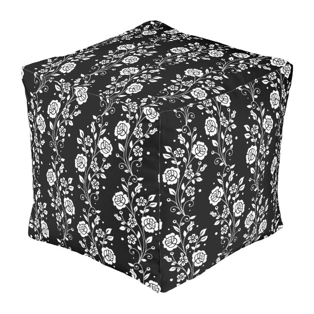 Elegant Black And White Floral  Pouf (Angled Front)
