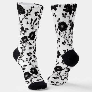 Elegant Black And White Floral Silhouette Botanica Socks