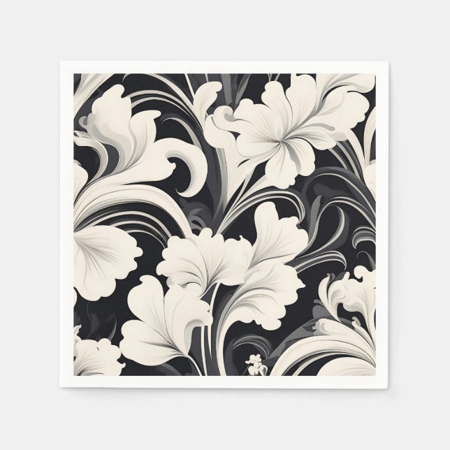 Elegant Black and White Floral Swirls Napkins (Front)