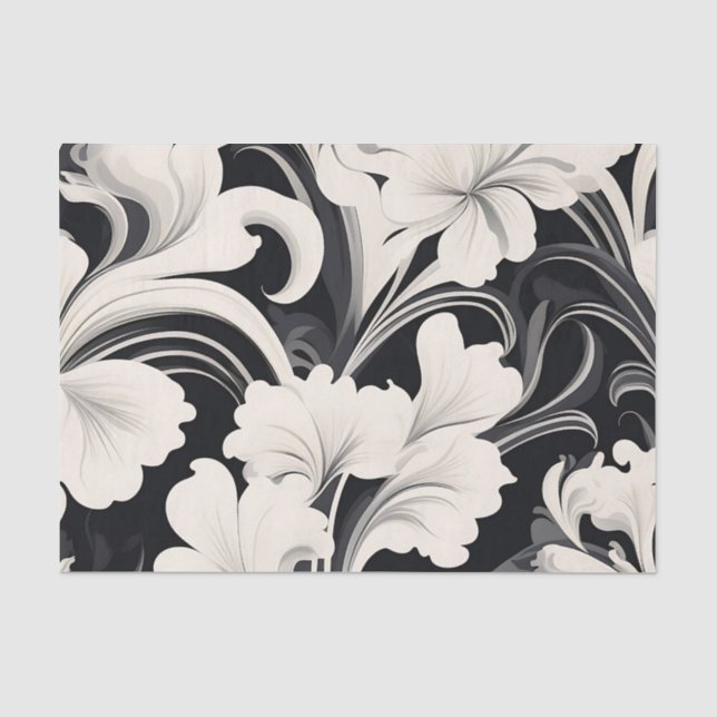 Elegant Black and White Floral Swirls Tissue Paper (Front)