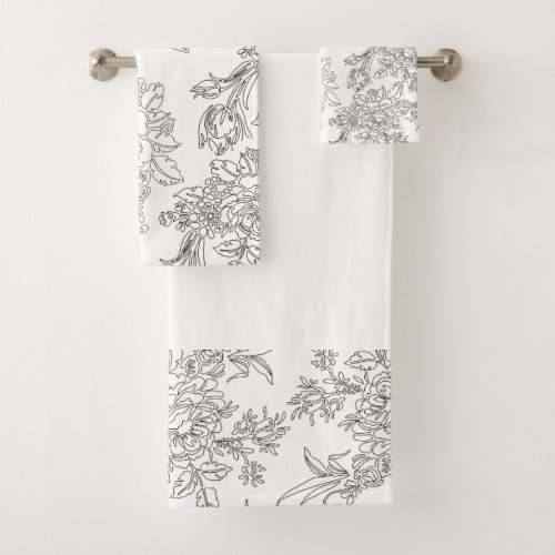 Elegant Black and White Floral Toile Bath Towel Set