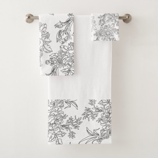 Elegant Black and White Floral Toile Bath Towel Set | Zazzle.com