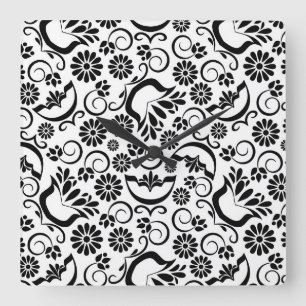 Elegant Black and White Floral Vintage Scrollwork Square Wall Clock