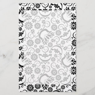 Elegant Black and White Floral Vintage Scrollwork Stationery