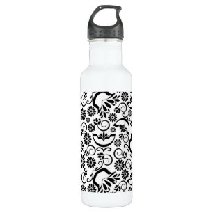 Elegant Black and White Floral Vintage Scrollwork Water Bottle