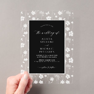 Elegant black and white floral wedding acrylic invitations