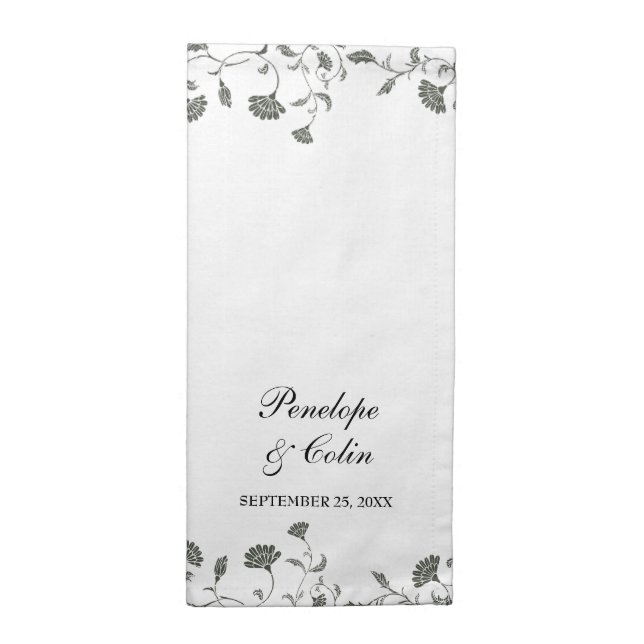 Elegant Black and White Floral Wedding Cloth Napkin (Half Fold)