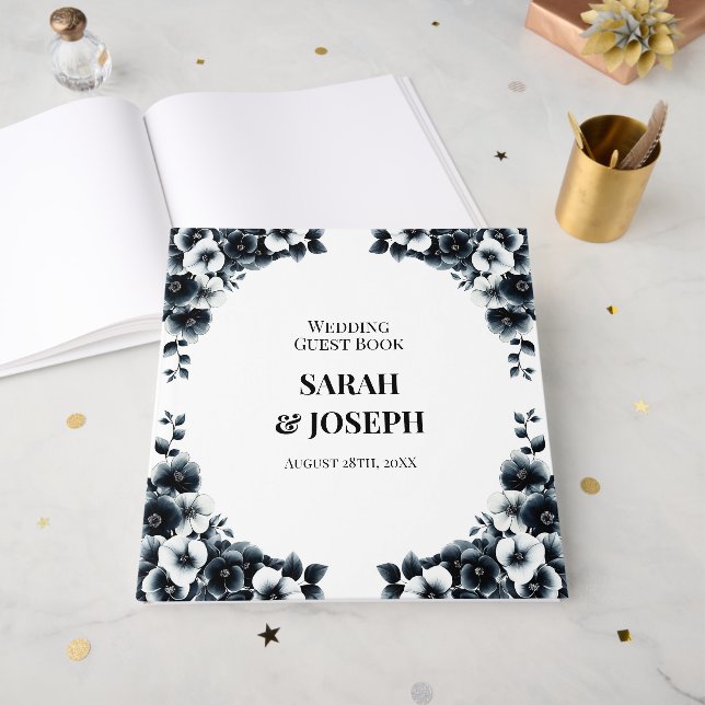 Elegant Black and White Floral Wedding Guest Book (Front Open)
