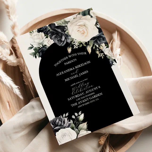 Elegant Black and White Floral Wedding Invitation | Zazzle