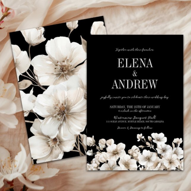 Elegant Black and White Floral Wedding Invitation (Elegant Black & White Floral Wedding Invitation, Winter Wedding, Fall Autumn Flowers, Love in Bloom)