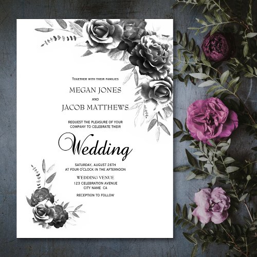 Elegant Black and White Floral Wedding Invitation