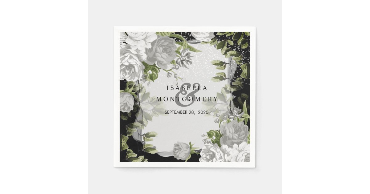 Elegant Black and White Floral Wedding Napkins | Zazzle