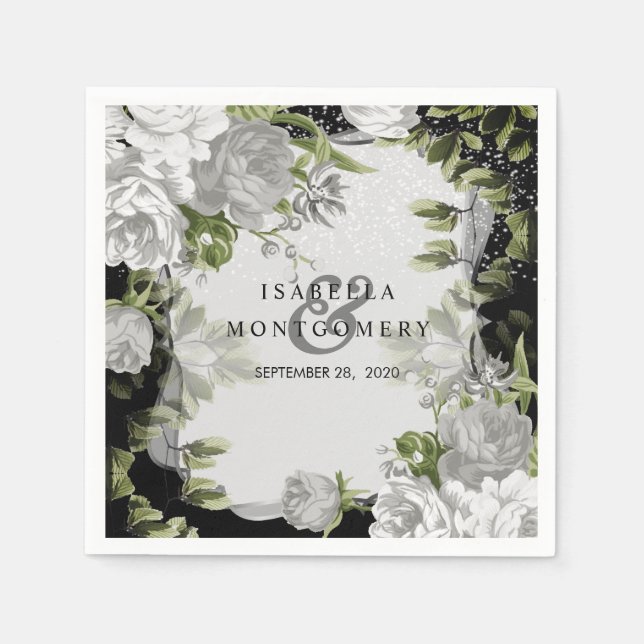 Elegant Black and White Floral Wedding Napkins (Front)