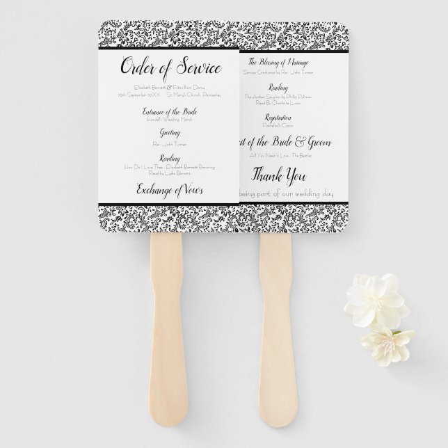 Elegant Black and White Floral Wedding Program Hand Fan (Front and Back)