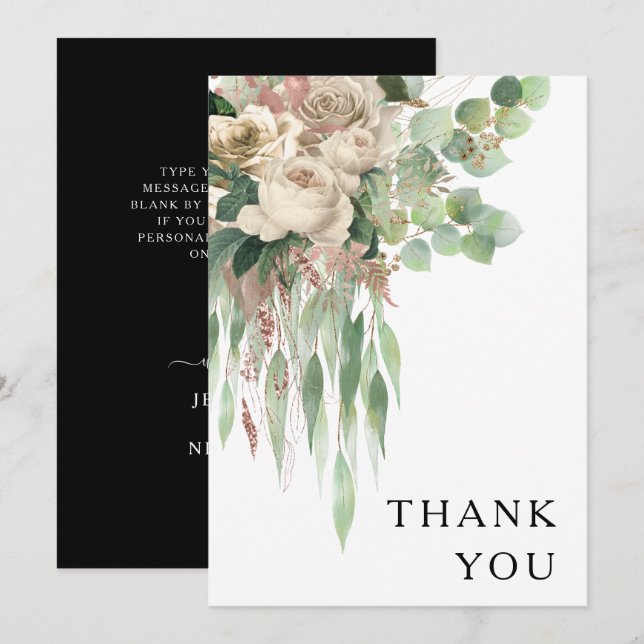 Elegant Black And White Floral Wedding Thank You Card (Front/Back)