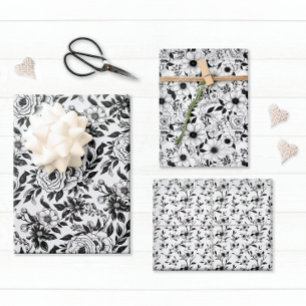 Elegant Black and White Floral Wrapping Paper Sheets