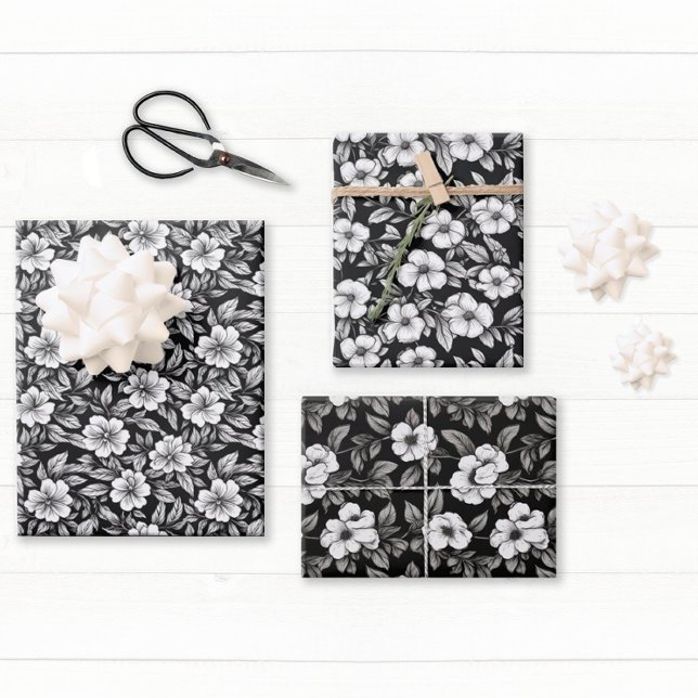 Elegant Black and White Floral Wrapping Paper Sheets (Pretty floral black and white gift wrap will make your gift stand out from the rest.)