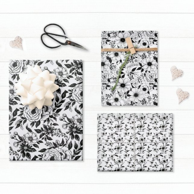 Elegant Black and White Floral Wrapping Paper Sheets (Elegant flowers decorate this pretty gift wrap sheet set.)