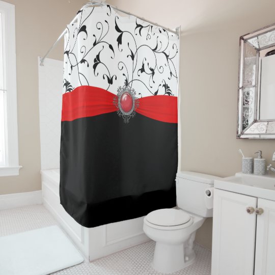 Elegant Black And White Flourish Red Jewel Shower Curtain Zazzle Com