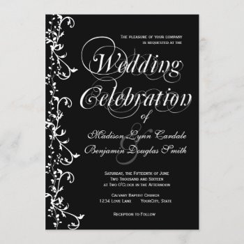 Elegant Black And White Flourish Swirls Wedding Invitation by RusticCountryWedding at Zazzle