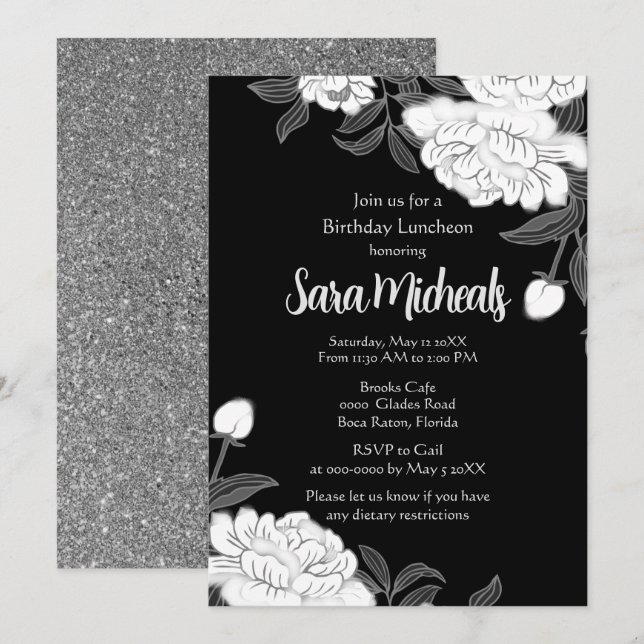 Elegant Black and White Flower Luncheon Invitation (Front/Back)