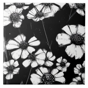 Elegant Black And White Flowers Ceramic Tile