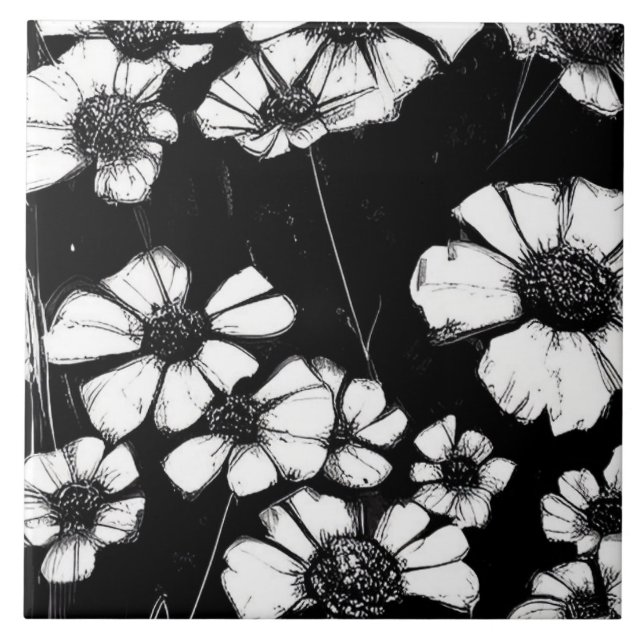 Elegant Black And White Flowers Ceramic Tile (Front)
