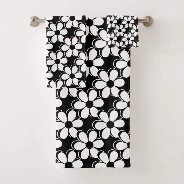 Elegant Black and White Flowers on Black Bath Towel Set | Zazzle