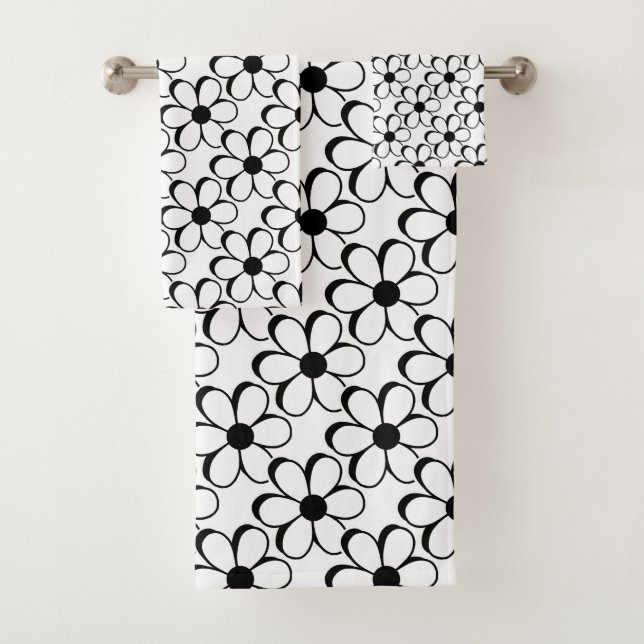 Elegant Black and White Flowers on White Bath Towel Set (Insitu)