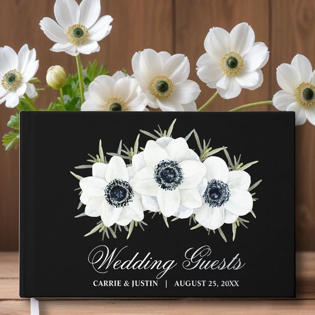 Elegant Black and White Flowers Wedding Foil Guest Book (Black and white flowers wedding guest book, your details in silver, gold or rose gold real foil)