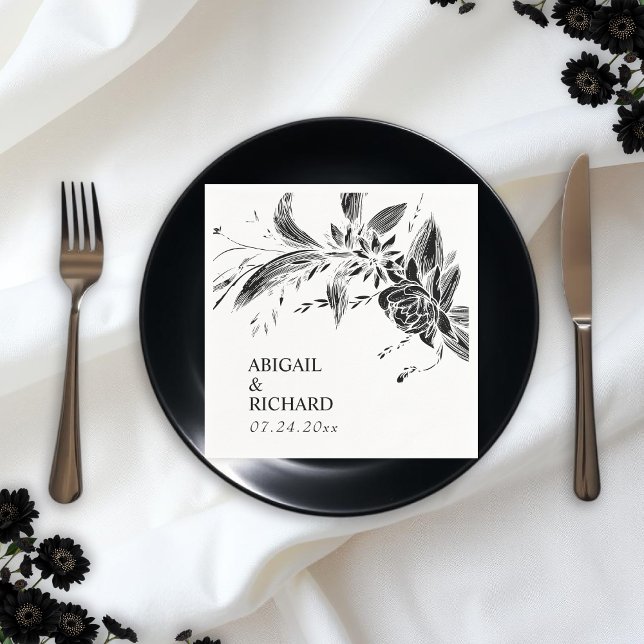 Elegant black and white flowers wedding napkins (Creator Uploaded)