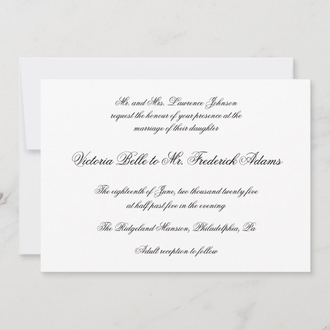Elegant Black and White Formal Calligraphy Wedding Invitation (Front)