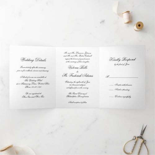 Elegant Black and White Formal Calligraphy Wedding Tri_Fold Invitation