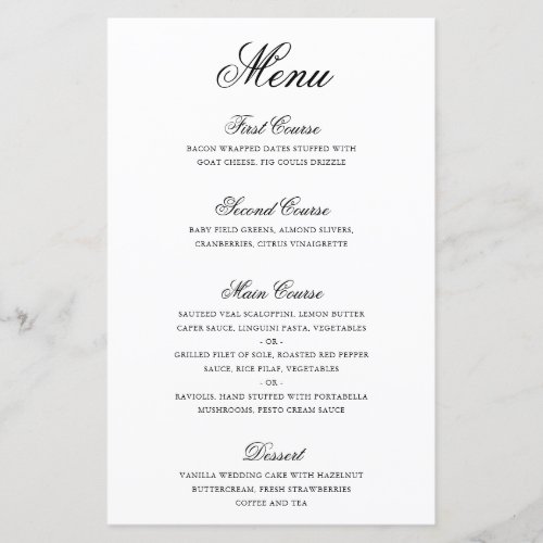 Elegant Black and White Formal Wedding Menu