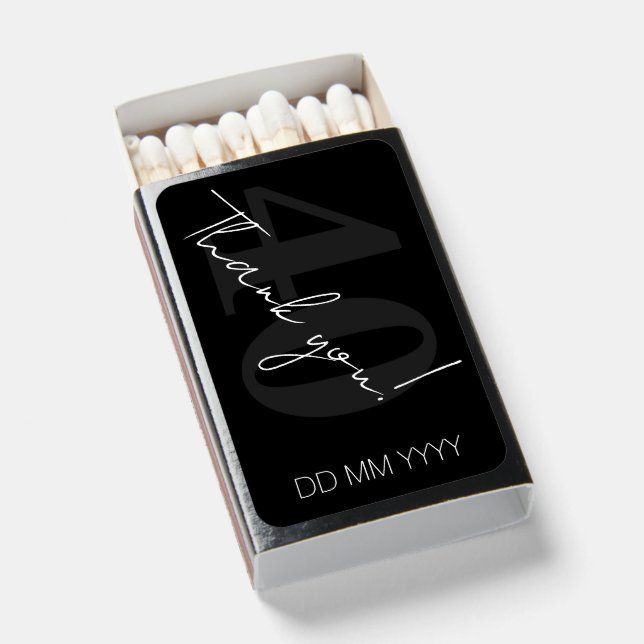 Elegant Black and White Forty 40th Birthday Matchboxes (Front Open)