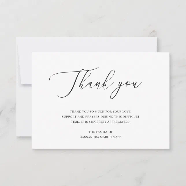 Elegant Black and White Funeral Acknowledgement Thank You Card | Zazzle