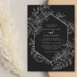 Elegant Black and White Geometric Floral Wedding Invitation<br><div class="desc">Elegant color and geometric design make this invitation stunning. This design features a dramatic black backgroun,  a lovely floral botanical line drawn sketch,  and custom typography with a geometric border on the front. The reverse side features a lovely floral tapestry.</div>