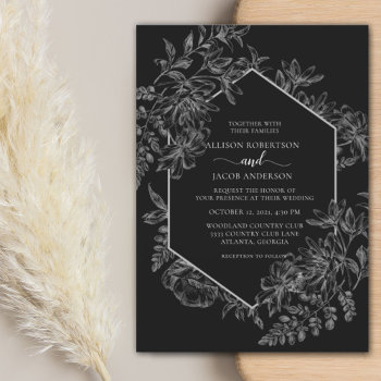 Elegant Black And White Geometric Floral Wedding Invitation by BerryPieInvites at Zazzle