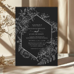 Elegant Black and White Geometric Floral Wedding Invitation<br><div class="desc">Elegant color and geometric design make this invitation stunning. This design features a dramatic black backgroun,  a lovely floral botanical line drawn sketch,  and custom typography with a geometric border on the front. The reverse side features a lovely floral tapestry.</div>