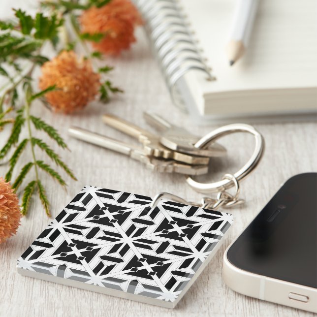 Elegant Black and White Geometric Pattern Keychain (Front Right)