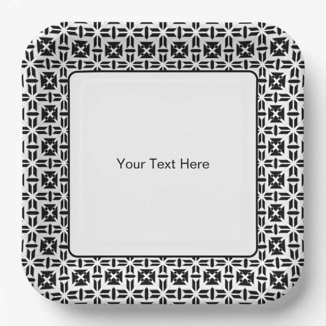 Elegant Black and White Geometric Pattern Paper Plates (Front)