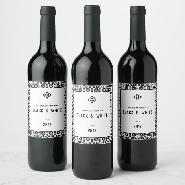 Elegant Black and White Geometric Pattern Wine Label (Bottles)