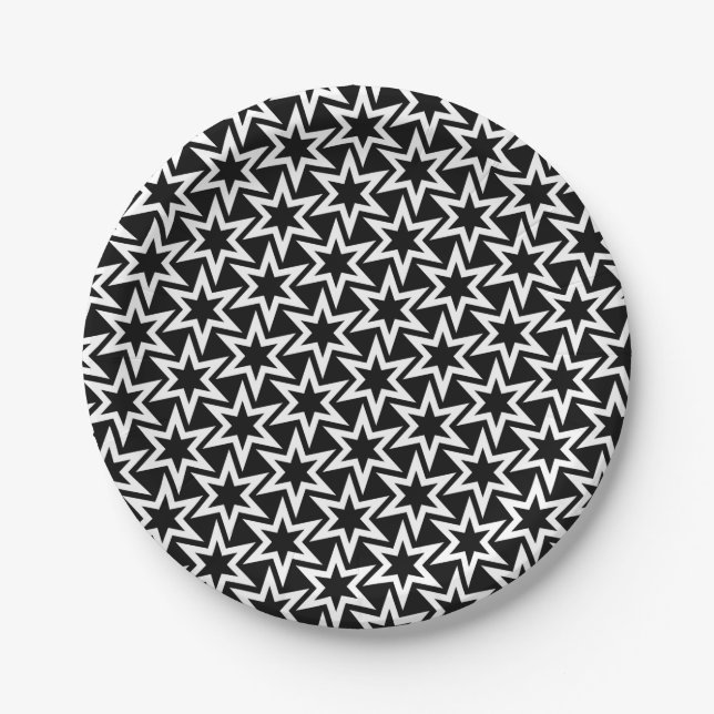 Elegant Black and White Geometric Star Pattern Paper Plates (Front)
