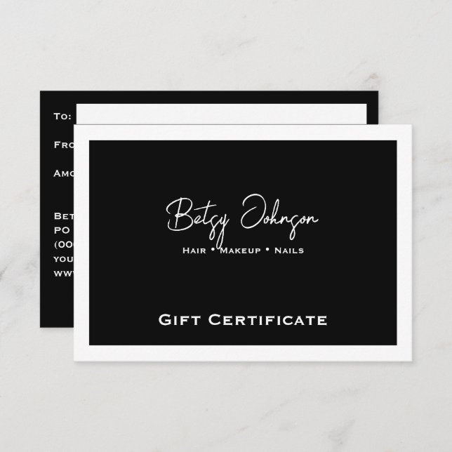 Elegant Black and White Gift Certificate Card (Front/Back)
