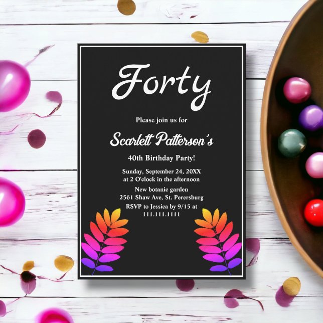 Elegant Black And White Glow Leaves 40th Birthday Invitation (Creator Uploaded)