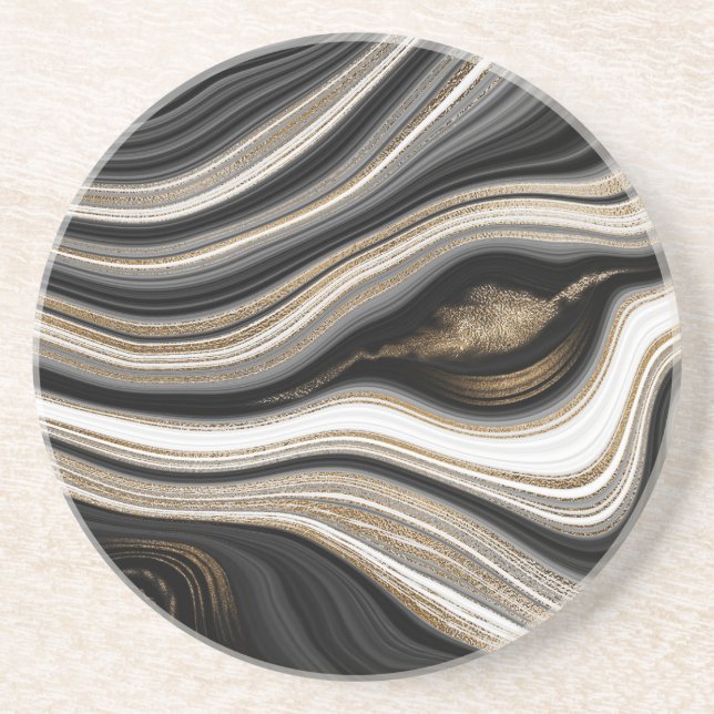 Elegant Black and White Gold Agate Coaster (Front)
