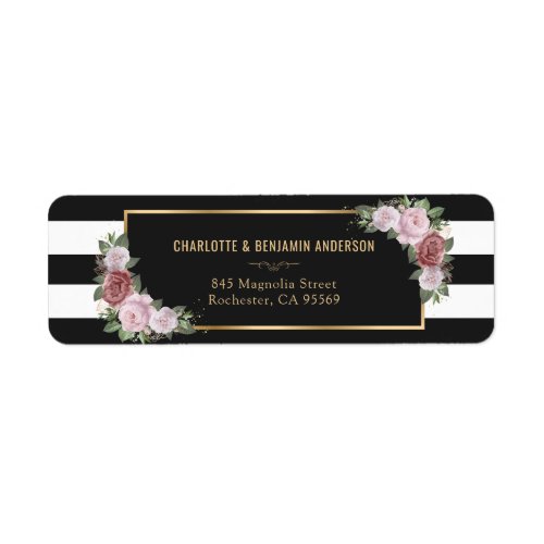 Elegant Black and White Gold Blush Pink Floral Label
