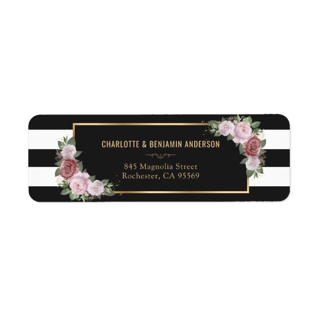 Elegant Black and White Gold Blush Pink Floral Label (Front)