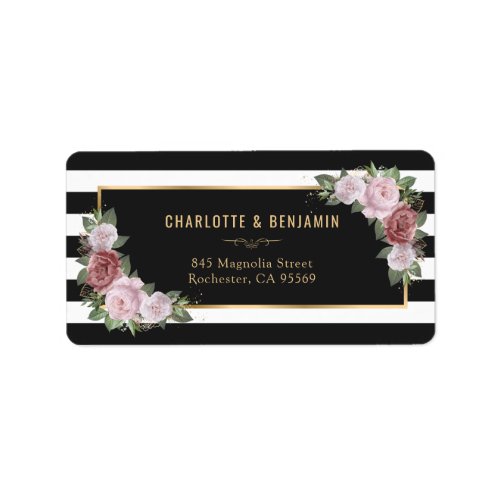 Elegant Black and White Gold Blush Pink Floral Label